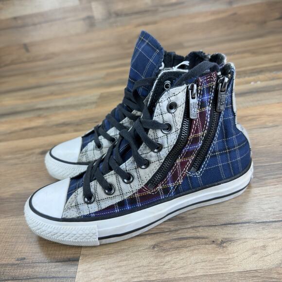 Converse Shoes - Converse Shoes Womens 6 Plaid Zipper Steampunk Emo High Tops Maroon Blue Punk